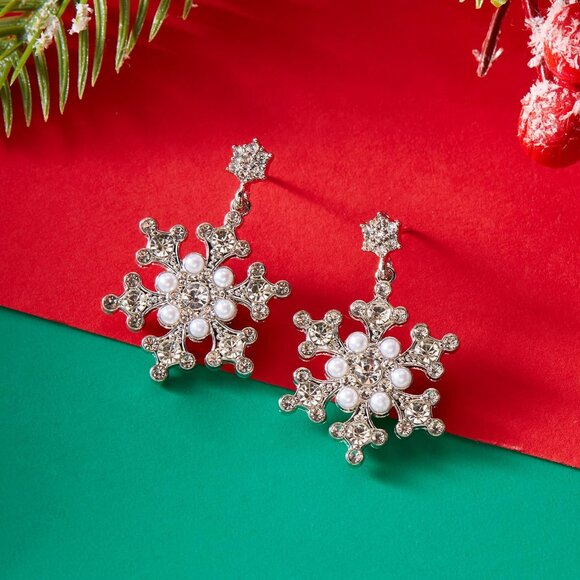 Women's Rhinestone Snowflake Drop Earrings Winter Christmas Elegance Jewelry - Picture 3 of 5
